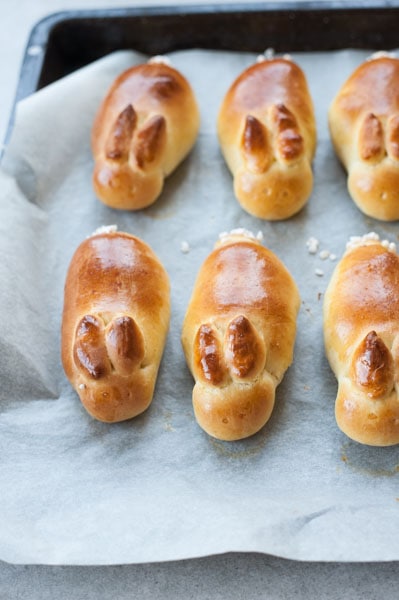 Bułeczki maślane wielkanocne zajączki po upieczeniu na blaszce do pieczenia