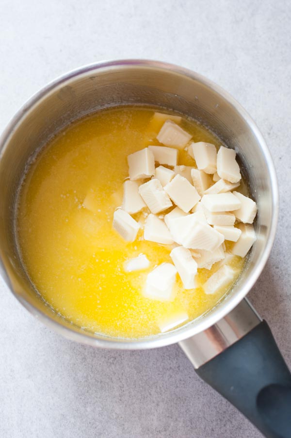 melten butter and chopped white chocolate in a pan