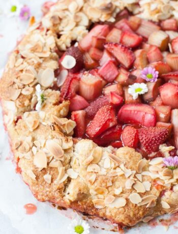 close up photo of strawberry rhubarb galette