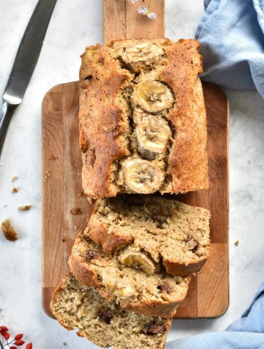 banana bread on a chopping board