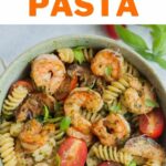 Shrimp pesto pasta pinnable image.