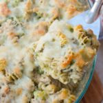 Pesto chicken bake in a casserole dish.