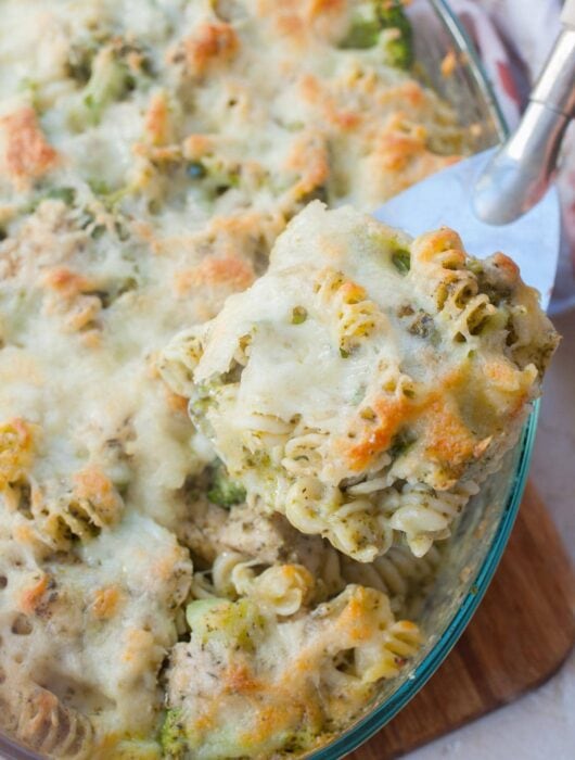 Pesto chicken bake in a casserole dish.