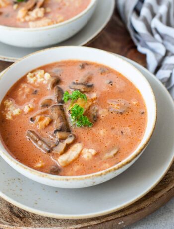 Chicken tomato soup with mushroom served with pasta and parsley in a white bowl.