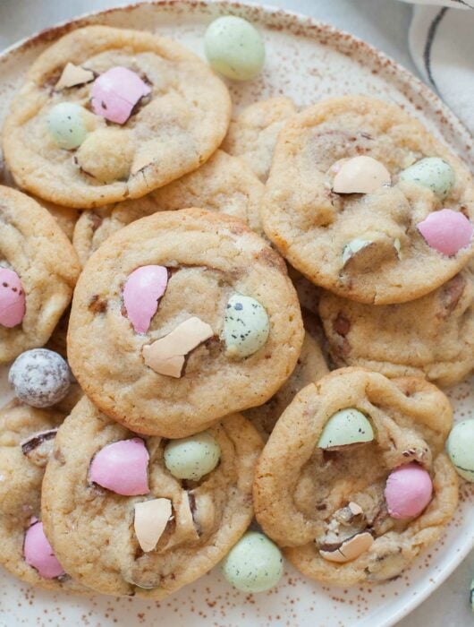 Easter candy cookies on a white plate.