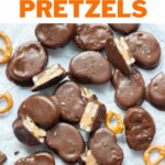 Chocolate peanut butter pretzels pinnable image.