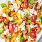 Summer panzanella salad on a white plate.