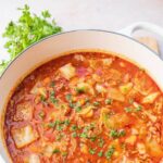Stuffed cabbage soup pinnable image.