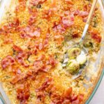 Brussel sprouts gratin in a baking dish.