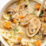 Polish Christmas Eve mushroom soup in a beige bowl.