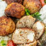 Greek chicken meatballs pinnable image.