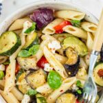 Roasted vegetable pasta pinnable image.