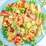 Southwest quinoa salad in a blue plate.