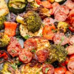 Sheet pan sausage and vegetables pinnable image.