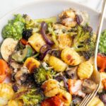 Sheet pan gnocchi and vegetables pinnable image.