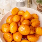 Danish caramel potatoes pinnable image.